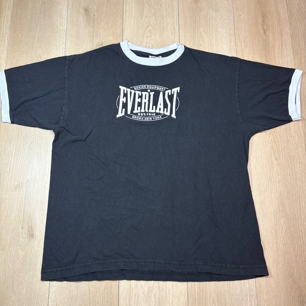 Everlast Boxing Equipment Ringer T-Shirt Mens Large Black White Puff Print USA